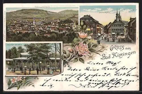 Lithographie Bad Kissingen, Marktplatz mit Kirchturm, Rakoczy-Brunnen