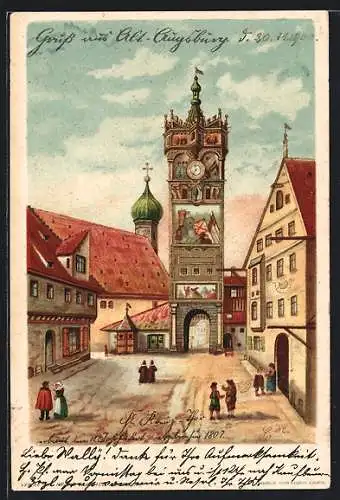 Künstler-AK Augsburg, Stadttor mit Kirche