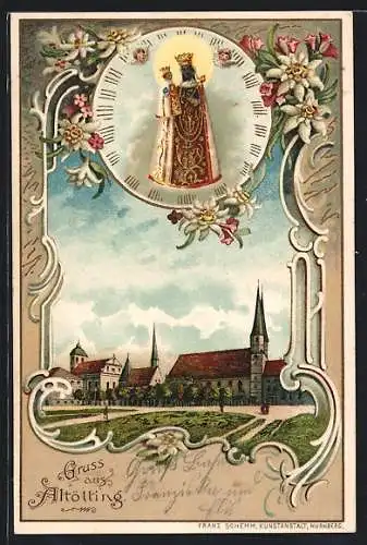 Lithographie Altötting, Wallfahrtskirche, Schwarze Madonna