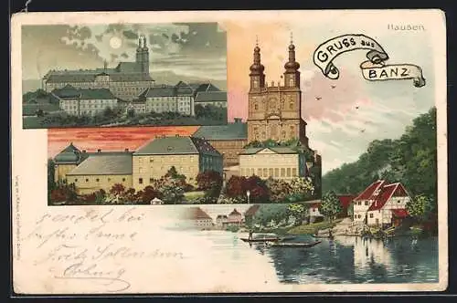 Lithographie Staffelstein, Hausen, Seepartie mit Ruderbooten, Kirche