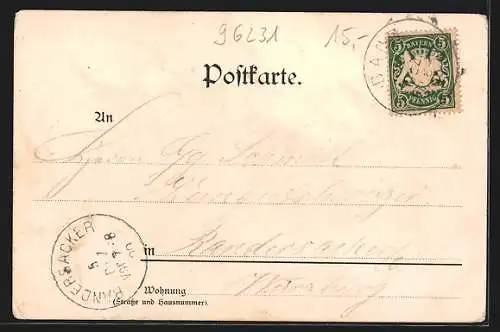 Lithographie Staffelstein, Hausen, Seepartie mit Ruderbooten, Kirche