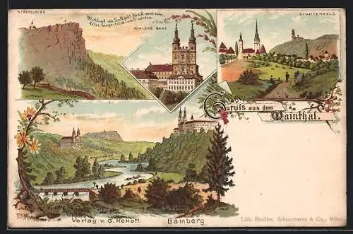 Lithographie Staffelstein, Schloss Banz, Burg Lichtenfels und Staffelnberg