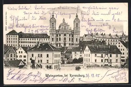 AK Weingarten bei Ravensburg, Ortsansicht mit der Stiftskirche