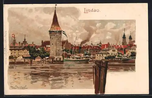 Künstler-Lithographie Otto Strützel: Lindau, Dampfer passiert Turm