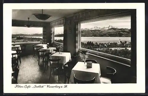 AK Wasserburg a. B., Höhen-Cafe Seeblick, Innenansicht mit Panorama