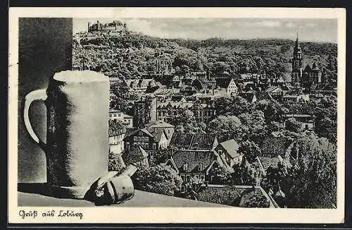 AK Coburg, Ortsansicht von einem Sims mit Bierkrug und Wurstbrötchen aus