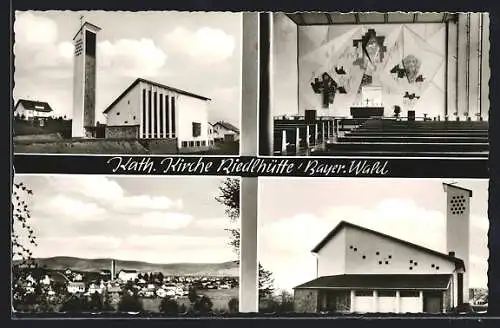 AK Riedlhütte /Bayer. Wald, Kath. Kirche mit Innenraum, Ortsansicht