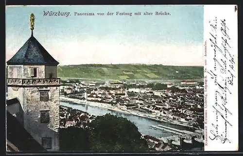 AK Würzburg, Panorama von der Festung mit alter Brücke