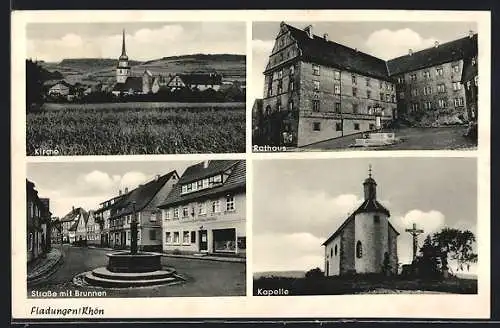 AK Fladungen /Rhön, Strasse mit Brunnen, Kirche, Rathaus