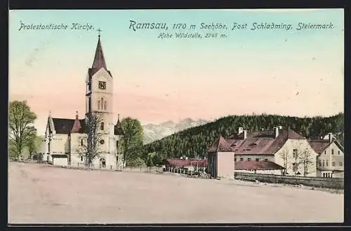 AK Ramsau /Dachstein, Platz mit Protestantischer Kirche