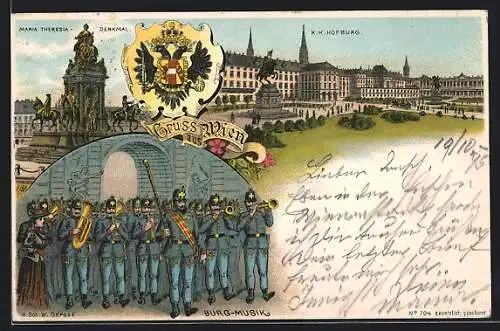 Vorläufer-Lithographie Wien, 1895, Burg-Musik, Maria Theresia-Denkmal, K. K.-Hofburg