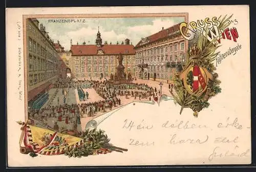 Lithographie Wien, Franzenplatz, Fahnenübergabe
