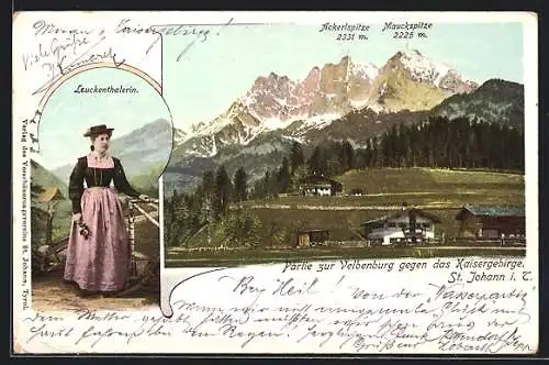 AK St. Johann in Tirol, Partie zur Velbenburg gegen das Kaisergebirge, Leuckenthalerin
