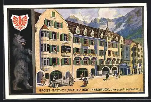 Künstler-AK Innsbruck, Universitätsstrasse mit Grossgasthof Grauer Bär