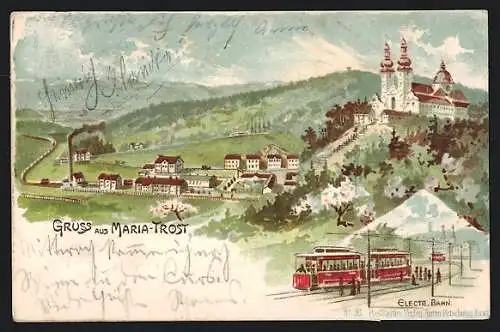 Lithographie Maria-Trost, Panorama mit Strassenbahn