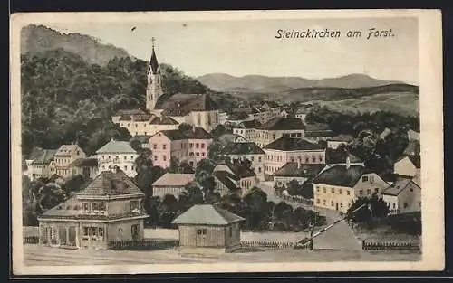 Künstler-AK Steinakirchen am Forst, Ortsansicht mit Kirche, Bahnschranke