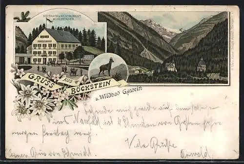 Lithographie Böckstein b. Wildbad Gastein, Miethaus u. Restaurant Mühlberger, Ortsansicht