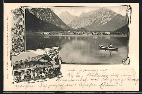 AK Pertisau am Achensee, Gasthaus zum Karlwirth, Ortsansicht, Ruderboot