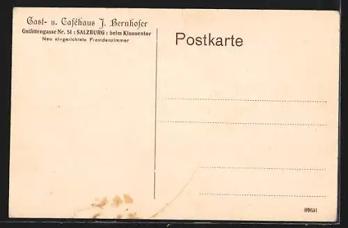 AK Salzburg, Gast- u. Caféhaus J. Bernhofer, Gstättengasse 51