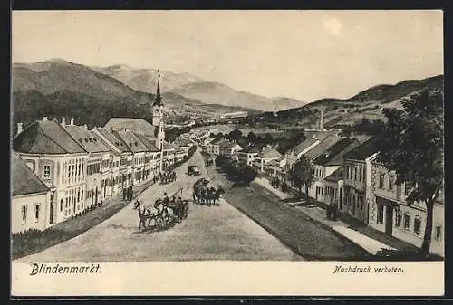 Künstler-AK Blindenmarkt, Ortsansicht mit Kirche und Kutschen