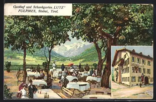 Künstler-AK Fulpmes /Stubai, Gasthof und Schankgarten Lutz