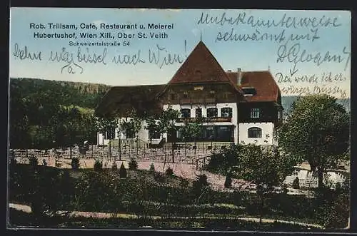 AK Wien-Ober St. Veith, Café, Restaurant u. Meierei Hubertushof v. Rob. Trillsam, Schweizertalstrasse 54