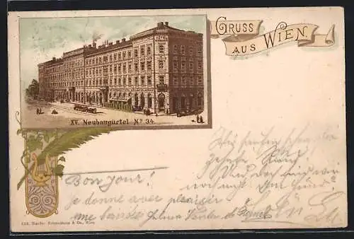 Lithographie Wien, Hotel Wimberger, Neubaugürtel 34, Pferdebahn