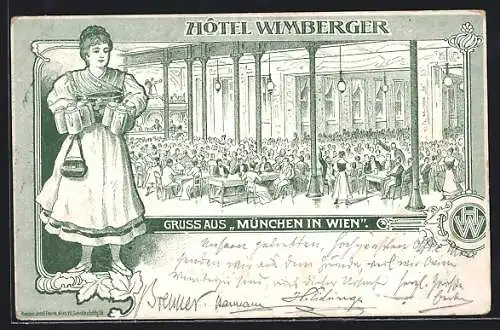 Lithographie Wien, München in Wien, Hotel Wimberger, Frau mit Bierkrügen
