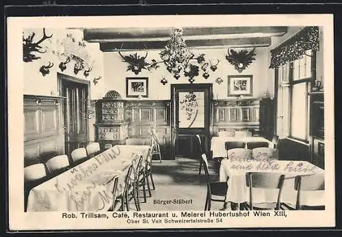 AK Wien-Ober St. Veit, Café, Restaurant u. Meierei Hubertushof v. Rob. Trillsam, Schweizertalstrasse 54, Bürger-Stüberl