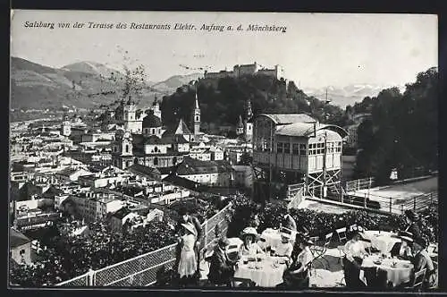 AK Salzburg, Totalansicht von der Terrasse des Restaurant Elektr. Aufzug a.d. Mönchsberg, Bergbahn