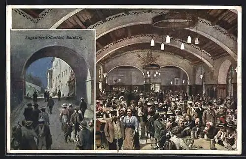 Künstler-AK Salzburg, Aufgang und Innenansicht vom Augustiner Bräustübl