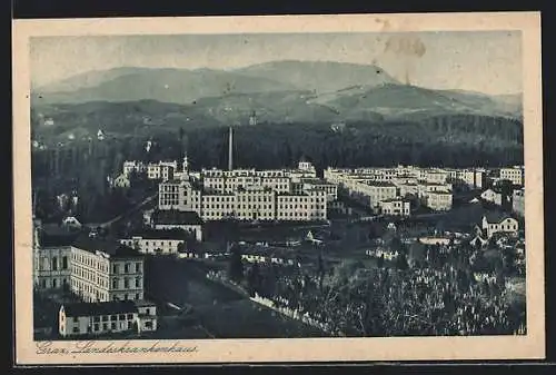 AK Graz, Blick auf das Landeskrankenhaus mit Berglandschaft im Hintergrund