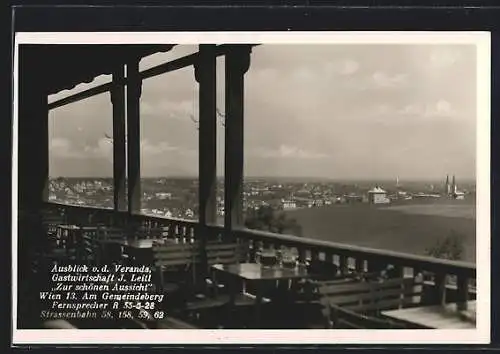 AK Wien, Verandablick vom Gasthaus Zur schönen Aussicht von J. Leitl, am Gemeindeberg