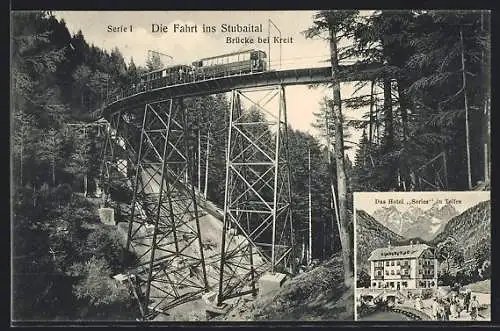 AK Telfes, Die Fahrt ins Stubaital, Brücke bei Kreit, Hotel Serles