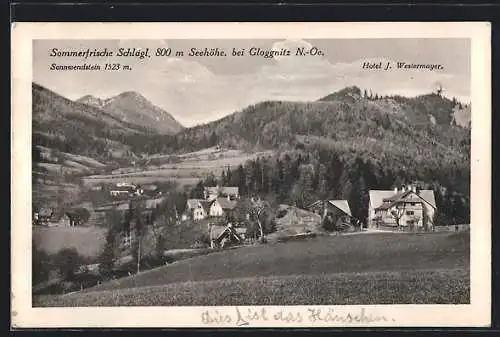 AK Raach am Hochgebirge, Schlagl mit Sonnwendstein und dem Hotel J. Westermayer