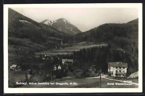 AK Raach am Hochgebirge, Schlagl, Ortsansicht mit Hotel Westermayer