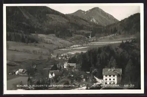 AK Raach am Hochgebirge, Schlagl mit dem Hotel Westermayer und dem Sonnwendstein