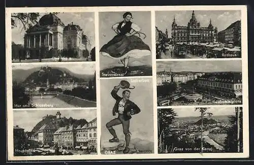 AK Graz, Opernhaus, Steirerdirndl, Mur und Schlossberg, Hauptplatz, Rathaus, Jakominiplatz, Aussicht von der Kanzl