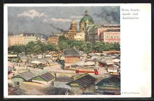 Künstler-AK Wien IV, Naschmarkt und Karlskirche