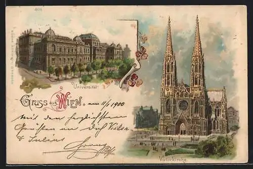 Lithographie Wien, Blick auf Universität, Votivkirche