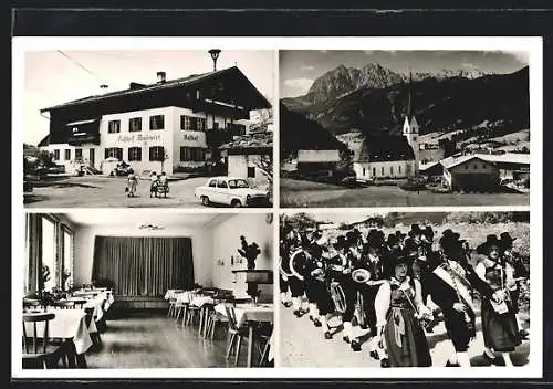 AK Kössen, Schwendt am Wilden Kaiser, Gasthof Mairwirt, Innenansicht, Ortspartie mit Kirche