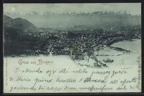 Mondschein-AK Bregenz, Teilansicht mit Bergen
