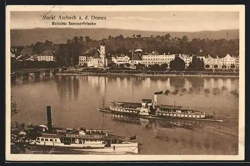 AK Aschach a. d. Donau, Uferpartie mit Kirche und Dampfern