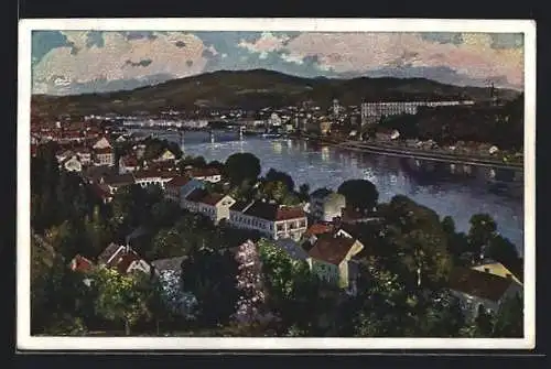 Künstler-AK Linz a. D., Totalansicht mit Flusspartie