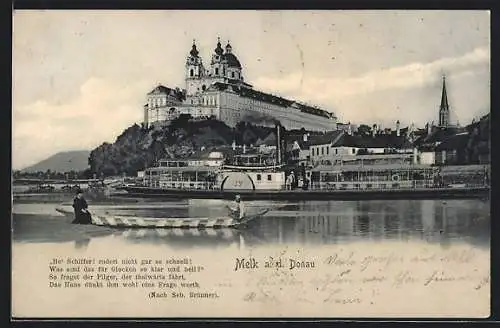 AK Melk a. d. Donau, Dampfer und Ruderboot vor dem Ort