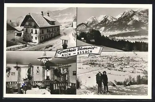 AK Aich /Stmk., Assach, Gasthaus Bärenwirt, Skifahrer, Gebirgspanorama