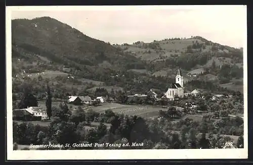 AK St. Gotthard, Totalansicht mit Kirche und Gebirge