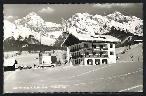 AK Alm, Hotel Urslauerhof gegen das Steinerne Meer im Schnee