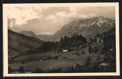 AK Gross-Sölk, Panorama mit Kirche und Kamm