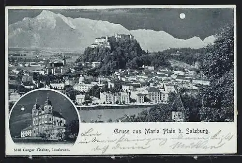 Mondschein-AK Maria Plain b. Salzburg, Kirche, Teilansicht mit Festung